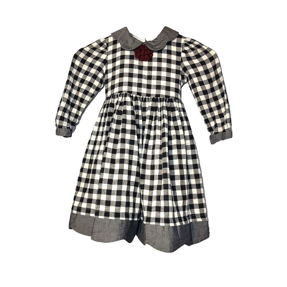 Laura Ashley Black Gingham Gathered Full Dress Lined Long Sleeve‎ Tie Girls 4